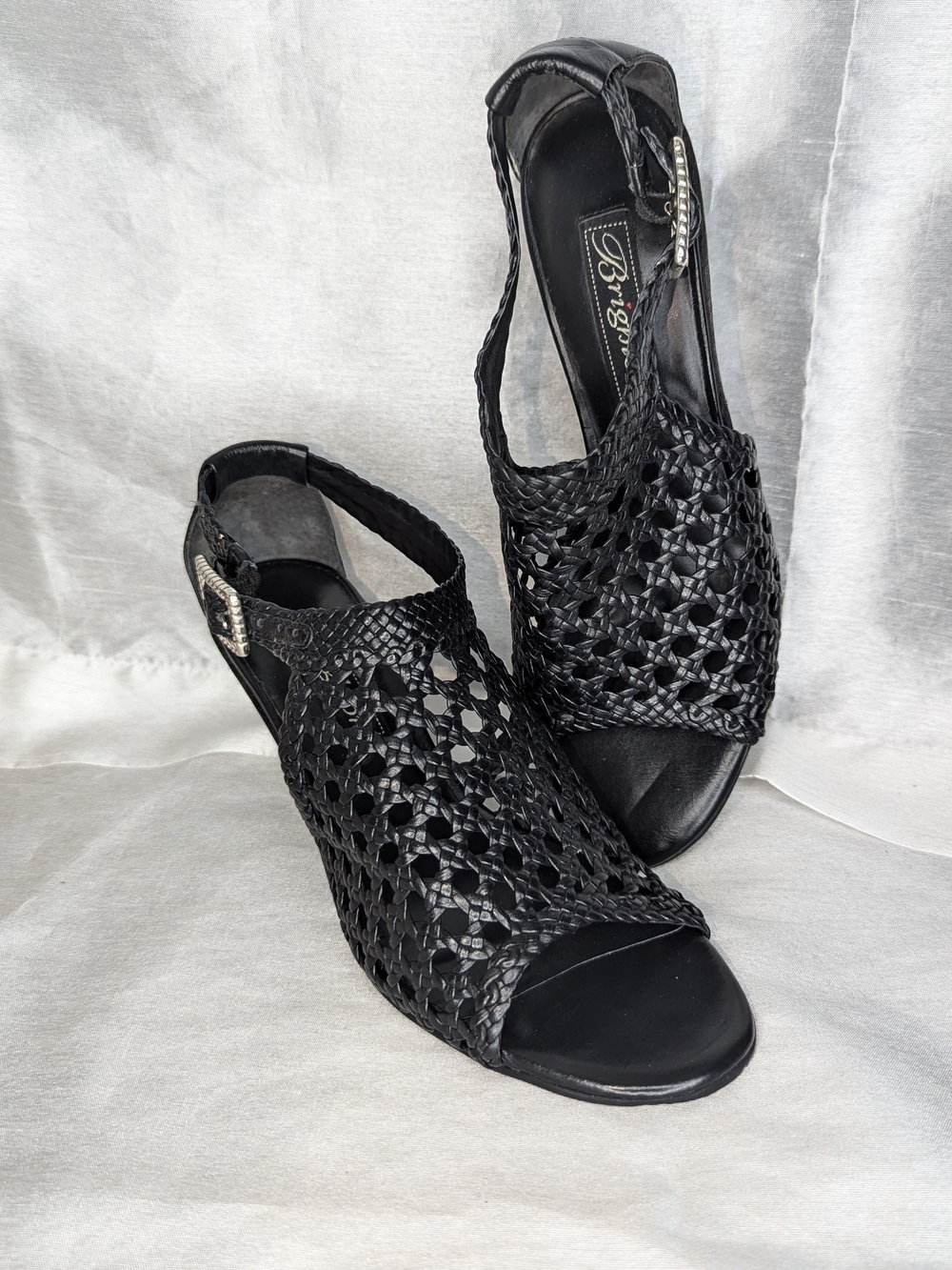 Brighton Black Woven Leather Wedge Slingback Buckle Adjustable Strap US 6.5 M
